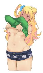 Rule 34 | 1girl, bare shoulders, blonde hair, blush, breasts, curvy, embarrassed, closed eyes, galko, hair bun, large breasts, long hair, midriff, navel, oshiete! galko-chan, short shorts, shorts, side ponytail, simple background, single hair bun, solo, splayter, underboob, undressing, white background, wide hips