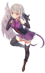 Rule 34 | 1girl, alternate costume, contemporary, dress, elbow gloves, full body, gloves, highres, i.f.s.f, idol, irony, jacket, kishin sagume, microphone, necktie, open mouth, purple dress, red eyes, short hair, silver hair, single wing, sleeveless, solo, touhou, transparent background, wings