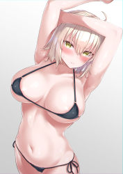 Rule 34 | 1girl, absurdres, ahoge, armpits, arms up, bare shoulders, bikini, black bikini, blush, breasts, cleavage, closed mouth, collarbone, fate/grand order, fate (series), frown, gradient background, hair between eyes, highres, hip focus, izure (pixiv16392012), jeanne d&#039;arc (fate), jeanne d&#039;arc alter (avenger) (fate), jeanne d&#039;arc alter (fate), large breasts, looking at viewer, micro bikini, navel, short hair, side-tie bikini bottom, silver hair, simple background, solo, swimsuit, thighs, white background, yellow eyes