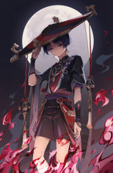 Rule 34 | 1boy, absurdres, arm armor, belt, black hair, commentary request, eyeliner, feet out of frame, fire, full moon, genshin impact, hand on headwear, hat, highres, japanese clothes, jingasa, looking at viewer, male focus, mandarin collar, moon, night, night sky, outdoors, purple belt, purple eyes, red eyeliner, scaramouche (genshin impact), serious, sky, socks, solo, tatty, thighs, two-tone vest, white socks