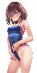 Rule 34 | 1girl, absurdres, bare arms, bare shoulders, blue one-piece swimsuit, blush, breasts, brown hair, closed mouth, clothes lift, commentary request, competition swimsuit, cowboy shot, highres, lifting own clothes, looking at viewer, medium breasts, one-piece swimsuit, original, purple eyes, rur (ml ruru), short hair, simple background, smile, solo, swimsuit, swimsuit lift, thighs, wet, white background
