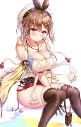 Rule 34 | 1girl, :t, aaeru, atelier (series), atelier ryza, atelier ryza 1, bare shoulders, belt, beret, between legs, black ribbon, blush, boots, breasts, brown footwear, brown hair, cleavage, closed mouth, collarbone, feet out of frame, hair ornament, hairclip, hand between legs, hat, hat ribbon, highres, jewelry, large breasts, liquid, looking at viewer, micro shorts, necklace, pen, pouch, pout, red shorts, reisalin stout, ribbon, shirt, short hair, shorts, simple background, sitting, solo, spill, star (symbol), star necklace, tassel, test tube, thigh boots, thighhighs, thighhighs under boots, thighs, wavy mouth, white background, white hat, white shirt, white thighhighs