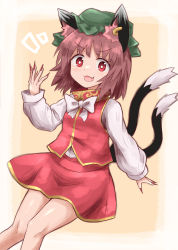 Rule 34 | 1girl, :3, :d, animal ears, blouse, bow, bowtie, brown hair, cat ears, cat tail, chen, chups, fang, fingernails, green hat, hat, highres, jewelry, long fingernails, long sleeves, looking at viewer, mob cap, multiple tails, nail polish, nekomata, open mouth, red eyes, red nails, red skirt, red vest, sharp fingernails, shirt, short hair, skirt, skirt set, smile, solo, tail, touhou, two tails, vest, white shirt