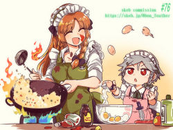 Rule 34 | 2girls, aged down, apron, back bow, bon (rump), bow, braid, breasts, closed eyes, collarbone, collared shirt, commentary request, commission, cooking, egg, fire, food, fried rice, gradient background, green apron, holding, holding knife, hong meiling, izayoi sakuya, knife, long hair, maid headdress, medium breasts, multiple girls, open mouth, orange hair, pink apron, red eyes, shirt, silver hair, single braid, skeb commission, touhou, triangle mouth, twin braids, v-shaped eyebrows, white bow, white shirt, yellow background