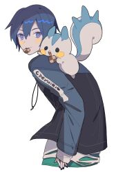 Rule 34 | 1boy, absurdres, blue eyes, blue hair, blue nails, blush, cookie, creature, creature on shoulder, creatures (company), dark blue hair, food, food in mouth, from side, game freak, gen 4 pokemon, hair between eyes, highres, jewelry, kaito (vocaloid), looking at viewer, male focus, necklace, nintendo, on shoulder, pachirisu, pawpawrim, pokemon, pokemon (creature), project sekai, short hair, smile, solo, upper body, vocaloid, white background