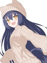 Rule 34 | 1girl, :d, animal ears, animal hat, ashitaba kemo, beanie, black hair, blush, brown eyes, brown hat, brown sweater, commentary request, fake animal ears, fang, hair between eyes, hat, highres, long hair, long sleeves, looking at viewer, open mouth, original, ribbed sweater, simple background, sleeves past fingers, sleeves past wrists, smile, solo, sweater, tail, turtleneck, turtleneck sweater, very long hair, white background