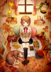 Rule 34 | 1girl, absurdres, autumn leaves, bad id, bad pixiv id, book, boots, bow, bowtie, brown hair, cat, cushion, green eyes, highres, megumu, original, revision, short hair, sitting, skirt, smile, solo, sweater, thighhighs, window