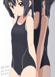 Rule 34 | 1girl, 2011, arms behind back, black hair, brown eyes, dated, errant, k-on!, long hair, mirror, nakano azusa, one-piece swimsuit, reflection, smile, solo, swimsuit, twintails