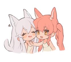 Rule 34 | 2girls, animal ears, bare arms, blush stickers, cat ears, cat girl, cat tail, commentary request, dress, heart, highres, multiple girls, nago nago, open mouth, orange eyes, original, pink hair, scratching chin, sleeveless, sleeveless dress, smile, tail, twintails, upper body, white hair, yellow dress