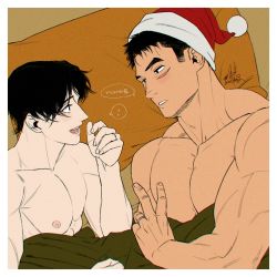 Rule 34 | 2boys, artist name, bara, bed, bed sheet, biceps, black hair, blush, christmas, couple, jewelry, kashikahaya, large pectorals, looking at another, lying, male focus, multiple boys, muscular, muscular male, nipples, original, pectoral cleavage, pectorals, ring, scar, sideburns, speech bubble, thick eyebrows, topless male, yaoi
