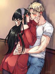 Rule 34 | 1boy, 1girl, backless dress, backless outfit, bare shoulders, black hair, blonde hair, blush, closed eyes, denim, dress, earrings, hairband, hetero, highres, imminent kiss, jeans, jewelry, kiss, long hair, open mouth, pants, rusky, shirt, short hair, sidelocks, spy x family, t-shirt, toned, toned male, twilight (spy x family), yor briar
