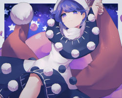 Rule 34 | 1girl, :3, arm behind head, arm up, black capelet, black dress, blue eyes, blue hair, capelet, closed mouth, commentary, cowboy shot, doremy sweet, dream soul, dress, eyebrows hidden by hair, hat, highres, holding own arm, light blush, multicolored clothes, multicolored dress, nightcap, oito (bowstringsmall), pom pom (clothes), red hat, short hair, signature, solo, star (symbol), stretching, swept bangs, touhou, white dress