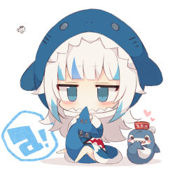 Rule 34 | 1girl, a (phrase), animal hood, barefoot, biting, biting own tail, bloop (gawr gura), blue eyes, blue hair, blue hoodie, blunt bangs, blush, blush stickers, chibi, commentary request, fins, fish tail, gawr gura, gawr gura (1st costume), heart, hololive, hololive english, hood, hood up, hoodie, multicolored hair, muuran, shadow, shark hood, shark tail, signature, streaked hair, tail, tail biting, virtual youtuber, white background, white hair