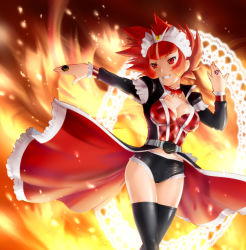 Rule 34 | 1girl, :d, adapted costume, belt, black thighhighs, boyshort panties, breasts, cleavage, cowboy shot, doily, fire, fire, frills, genderswap, genderswap (mtf), grin, jewelry, kamen rider, kamen rider wizard, kamen rider wizard (series), large breasts, magic circle, maid headdress, open mouth, outstretched arm, overskirt, personification, red eyes, red hair, ring, short shorts, shorts, smile, solo, standing, teeth, thighhighs, ueyama michirou