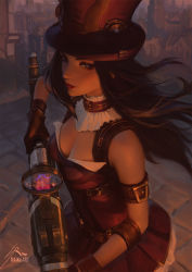 Rule 34 | 1girl, arm strap, blue eyes, breasts, brown hair, building, caitlyn (league of legends), city, cleavage, dress, fingerless gloves, gloves, gun, hat, highres, league of legends, lips, lipstick, long hair, looking to the side, makeup, medium breasts, profile, raikoart, red dress, red lips, rifle, signature, solo, top hat, weapon, wind, wrist straps