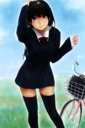 Rule 34 | 1girl, bad id, bad pixiv id, basket, bicycle, black dress, black hair, black thighhighs, briefcase, day, dress, grass, grey eyes, hand on own head, highres, lips, long hair, long sleeves, looking at viewer, neck ribbon, nimirom, original, outdoors, red ribbon, ribbon, school briefcase, school uniform, skirt, sky, smile, solo, standing, thighhighs, wing collar, zettai ryouiki
