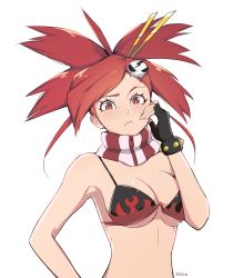 Rule 34 | 1girl, bikini, black gloves, blush, breasts, bright pupils, cleavage, closed mouth, commentary, cosplay, creatures (company), detached collar, english commentary, eyelashes, fingerless gloves, flannery (pokemon), frown, game freak, gloves, hair ornament, hair stick, hand up, highres, long hair, looking at viewer, milka (milk4ppl), nintendo, pokemon, pokemon rse, ponytail, red hair, signature, solo, swimsuit, tengen toppa gurren lagann, upper body, white pupils, yoko littner, yoko littner (cosplay), zipper, zipper pull tab
