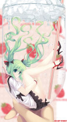 Rule 34 | 1girl, caidychen, cup, drink, drinking straw, floating hair, food, from side, fruit, glass, green nails, hatsune miku, high heels, hugging own legs, in container, in cup, in food, legs, looking back, mini person, minigirl, nail polish, open shoes, ribbon, shoes, skirt, solo, solo focus, strawberry, transparent, twintails, vocaloid