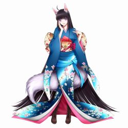 Rule 34 | 1girl, absurdly long hair, ahoge, amagusa shiro tokijo, animal ears, black hair, boots, floral print, fox ears, fox tail, full body, furisode, hand to head, highres, japanese clothes, kimono, long hair, long sleeves, obi, official art, purple eyes, sash, simple background, solo, tail, very long hair, white background, wide sleeves, youkai hyakki-tan!
