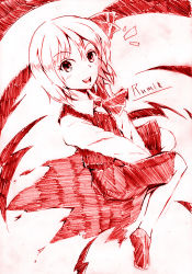 Rule 34 | 1girl, embodiment of scarlet devil, female focus, hair ribbon, monochrome, pink background, red theme, ribbon, rumia, solo, touhou, traditional media, vent arbre