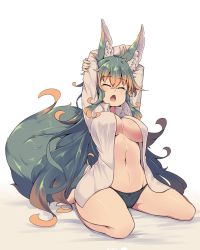 Rule 34 | 1girl, animal ear fluff, animal ears, arms up, barefoot, black panties, breasts, brown hair, commentary request, green hair, kuromiya, kuromiya raika, large breasts, long hair, long sleeves, multicolored hair, navel, open clothes, open mouth, open shirt, original, panties, shirt, simple background, sitting, solo, tail, tears, two-tone hair, underwear, wariza, white background, white shirt, yawning