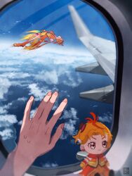 Rule 34 | 1boy, 1other, above clouds, airplane interior, aoi tete, artist name, bad id, bad twitter id, blue sky, blurry, blurry background, boots, character doll, closed eyes, cloud, coattails, commentary, cropped jacket, cure wing, day, feather hair ornament, feathers, flying, gloves, hair ornament, hat, highres, hirogaru sky! precure, jacket, layered gloves, long hair, magical boy, male focus, mini hat, mini top hat, orange footwear, orange gloves, orange hair, orange jacket, orange shorts, orange vest, out of frame, outdoors, ponytail, precure, puffy short sleeves, puffy sleeves, red eyes, short sleeves, shorts, signature, sky, sweatdrop, top hat, upside-down, vehicle interior, very long hair, vest, window, yuunagi tsubasa