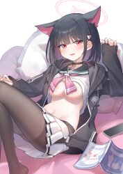 Rule 34 | 1girl, absurdres, animal ears, areola slip, black choker, black hair, black hoodie, black pantyhose, blue archive, blush, book, breasts, cat ears, cellphone, chinese commentary, choker, clothes lift, colored inner hair, commentary request, extra ears, halo, hand up, highres, hood, hoodie, kazusa (blue archive), long sleeves, looking at viewer, lying, medium breasts, medium hair, multicolored hair, navel, neckerchief, no bra, on back, open book, open clothes, open hoodie, open mouth, pantyhose, phone, pillow, pink eyes, pink hair, pink halo, pink neckerchief, saltedfishmax, school uniform, serafuku, shirt, shirt lift, sleeves past wrists, smartphone, solo, thighband pantyhose, white shirt