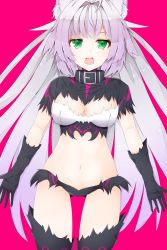 Rule 34 | 1girl, absurdres, amepon, animal ears, arms at sides, atalanta (fate), atalanta alter (fate), black gloves, breasts, cat ears, cleavage, elbow gloves, eyebrows, eyelashes, facing viewer, fate/grand order, fate (series), gloves, gluteal fold, green eyes, groin, hair intakes, highres, legs apart, long hair, medium breasts, midriff, navel, open mouth, pink background, purple hair, silver hair, simple background, solo, stomach, teeth, tongue, very long hair