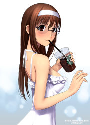 Rule 34 | brown eyes, brown hair, coffee, cup, dated, drink, drinking, drinking glass, glasses, hairband, long hair, original, round eyewear, ryu (ryu&#039;s form site), solo, starbucks