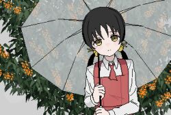 Rule 34 | ++ (9oafxjjhuktkdef), 1girl, ascot, black hair, closed mouth, collared shirt, dress, flower, grey background, hair bobbles, hair ornament, holding, holding umbrella, kaai yuki, light blush, light smile, long sleeves, low twintails, orange flower, over shoulder, pinafore dress, pixel art, plant request, red ascot, red dress, shirt, sleeveless, sleeveless dress, solo, transparent, transparent umbrella, tree, twintails, umbrella, upper body, vocaloid, white shirt, yellow eyes