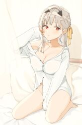 Rule 34 | 1girl, bandaged head, bandages, bed, between legs, breasts, cleavage, goddess of victory: nikke, grey hair, hair ribbon, hand between legs, highres, large breasts, long hair, modernia (first affection) (nikke), modernia (nikke), off-shoulder shirt, off shoulder, official alternate costume, peroinnu, red eyes, ribbon, shirt, sidelocks, sitting, solo, white shirt, yellow ribbon