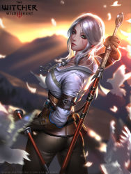 Rule 34 | 1girl, ass, breasts, ciri, freckles, gloves, green eyes, jewelry, liang xing, lips, long hair, looking at viewer, makeup, medium breasts, necklace, pants, scar, short hair, silver hair, solo, sunset, sword, the witcher (series), the witcher 3, weapon