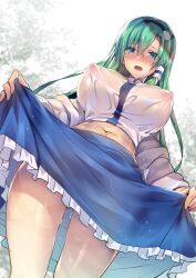 Rule 34 | 1girl, belly, blue skirt, blush, breasts, collared shirt, commentary request, covered erect nipples, cowboy shot, crop top, day, dutch angle, embarrassed, frilled skirt, frills, frog hair ornament, from below, gluteal fold, green eyes, green hair, hair ornament, hair tubes, kochiya sanae, koikawa minoru, large breasts, long hair, looking down, midriff, navel, nipples, open mouth, outdoors, shirt, skirt, skirt hold, standing, thighs, touhou, wet, wet clothes, white shirt