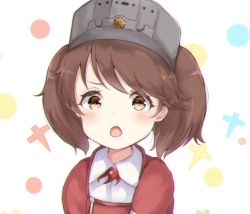 Rule 34 | 1girl, bad id, bad twitter id, brown eyes, brown hair, commentary request, dress shirt, highres, japanese clothes, kantai collection, kariginu, layered shirt, magatama, red shirt, ryuujou (kancolle), sa-ya2, shirt, solo, twintails, upper body, visor cap, white background, aged down
