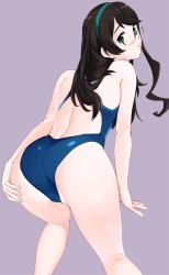 Rule 34 | 1girl, ass, back, black hair, competition swimsuit, from behind, glasses, green eyes, green hairband, hairband, head tilt, highres, kantai collection, kneepits, long hair, looking at viewer, looking back, ojipon, one-piece swimsuit, ooyodo (kancolle), purple background, simple background, solo, swimsuit