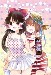 Rule 34 | 2girls, alcohol, alternate costume, bell, bottle, bow, brown eyes, brown hair, closed eyes, contemporary, dress, forbidden scrollery, gradient background, hair bow, hair ornament, hair tubes, hakurei reimu, hat, long hair, motoori kosuzu, multiple girls, oimoto jirou, old-fashioned swimsuit, one-piece swimsuit, open mouth, short hair, smile, striped clothes, striped one-piece swimsuit, sun hat, swimsuit, touhou