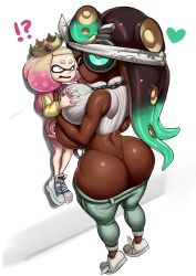 Rule 34 | !, 2girls, ?, absurdres, ass, bandana, bare shoulders, black hair, breasts, butt crack, closed eyes, constricted pupils, crown, dark-skinned female, dark skin, deep skin, domino mask, full body, grabbing, grabbing another&#039;s breast, gradient hair, green hair, greyimpaction, headphones, heart, height difference, highres, holding, huge ass, huge breasts, legs, lifted by breasts, lifting another&#039;s clothes, long hair, marina (splatoon), mask, mole, mole under mouth, multicolored hair, multiple girls, nintendo, octoling, pants, pearl (splatoon), pink hair, scared, shoes, short hair, simple background, size difference, sneakers, splatoon (series), splatoon 2, splatoon 2: octo expansion, standing, tentacle hair, tiptoes, towering, underboob, white background, white hair, yuri