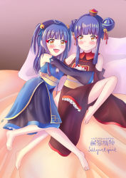 Rule 34 | 2girls, absurdres, bed, bell, blue hair, blush, china dress, chinese clothes, dress, fangs, hair bell, hair ornament, highres, jashin-chan dropkick, kyon-kyon (jashin-chan dropkick), looking at viewer, multiple girls, on bed, open mouth, pillow, ran-ran, siblings, sisters, smile, vampire