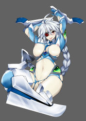 Rule 34 | 1girl, :p, alternate breast size, arc system works, arm blade, ass, blazblue, blazblue: continuum shift, bodysuit, braid, breasts, eyepatch, grey background, highres, large breasts, long hair, looking at viewer, mecha musume, navel, nipples, nu-13, pale skin, puffy nipples, red eyes, simple background, single braid, solo, tanabe (studio tiamat), tongue, tongue out, torn, torn bodysuit, torn clothes, very long hair, weapon, white hair