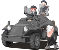 Rule 34 | 4girls, armored car, armored vehicle, blonde hair, blue eyes, blue headwear, brown eyes, brown hair, clothes writing, dress, hat, highres, kantai collection, long hair, low twintails, miniskirt, multiple girls, pleated skirt, prinz eugen (kancolle), redundant-cat, sailor dress, sailor hat, short hair, silver hair, simple background, skirt, twintails, u-511 (kancolle), white background, white skirt, z1 leberecht maass (kancolle), z3 max schultz (kancolle)