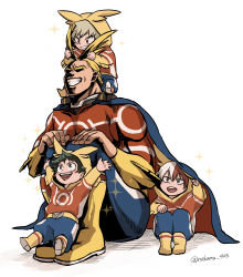 Rule 34 | 4boys, :d, age difference, aged down, all might, antenna hair, arms up, bakugou katsuki, blonde hair, blue eyes, blush, bodysuit, boku no hero academia, boots, cape lift, carrying, character hood, child, covered eyes, excited, green eyes, green hair, grey eyes, grin, hand on own knee, hand up, hands on own knees, happy, hatching (texture), heterochromia, highres, knee boots, knees to chest, knees up, legs together, lifting another&#039;s clothes, male focus, midoriya izuku, multicolored hair, multiple boys, nakamu 405, o/, onesie, open hands, open mouth, outstretched arms, outstretched legs, pixiv username, red hair, short hair, shoulder carry, simple background, sitting, smile, sparkle, spiked hair, split-color hair, straight hair, superhero costume, teeth, thick eyebrows, todoroki shouto, twitter username, upper teeth only, v-shaped eyebrows, white background, white hair, yellow footwear