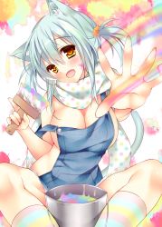 Rule 34 | 1girl, animal ears, bad id, bad pixiv id, blush, breasts, bucket, cat ears, cat tail, cleavage, colorful, fang, holding, kneehighs, large breasts, looking at viewer, multicolored stripes, naked overalls, open mouth, original, outstretched arm, overalls, paint, paint can, paint splatter, paint splatter on face, paintbrush, polka dot, scarf, short hair, short twintails, silver hair, sitting, smile, socks, solo, sorai shin&#039;ya, strap slip, striped clothes, striped socks, tail, twintails, unmoving pattern, yellow eyes