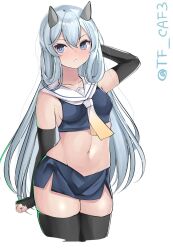 Rule 34 | 1girl, arm up, armpit crease, black thighhighs, blush, breasts, collarbone, cowboy shot, cropped legs, elbow gloves, fingerless gloves, gloves, gradient neckerchief, grey eyes, grey hair, hair between eyes, i-203 (kancolle), kantai collection, long hair, looking at viewer, medium breasts, one-hour drawing challenge, parted lips, sideboob, simple background, solo, swimsuit, tf cafe, thighhighs, twitter username, very long hair, white background