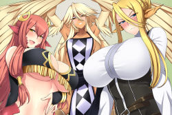 Rule 34 | 3girls, :d, animal ears, armpits, arms up, belt buckle, blonde hair, blue eyes, blush, breasts, bridal gauntlets, buckle, centaur, centorea&#039;s mother, cleavage, cleavage cutout, clothing cutout, commentary, detached sleeves, english commentary, fang, feathered wings, female focus, hair between eyes, hair tubes, half-closed eyes, harpy, horse ears, huge breasts, lamia, large breasts, lindaroze, long hair, looking at viewer, looking down, mature female, medium breasts, miia&#039;s mother, monster girl, monster musume no iru nichijou, multiple girls, navel, nose blush, open mouth, papi&#039;s mother, platinum blonde hair, pointy ears, red hair, scales, shirt, sidelocks, smile, tan, taur, trait connection, underboob, very long hair, white shirt, winged arms, wings, yellow eyes