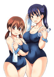 Rule 34 | 2girls, arms under breasts, bare shoulders, blue hair, blue one-piece swimsuit, blue wristband, blush, boku no kokoro no yabai yatsu, bottle, breasts, brown eyes, brown hair, cameltoe, cleavage, collarbone, competition school swimsuit, covered erect nipples, covered navel, cowboy shot, crossed arms, dark blue hair, hagiya masakage, hara honoka, high ponytail, highres, holding, holding bottle, holding towel, large breasts, long hair, mole, mole on neck, multiple girls, multiple moles, one-piece swimsuit, open mouth, plump, sagging breasts, school swimsuit, simple background, swimsuit, thighs, towel, twintails, white background, yamada anna