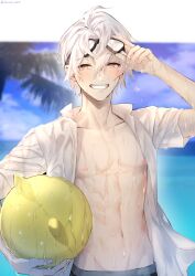 Rule 34 | 1boy, alchemy stars, ball, beachball, day, goggles, goggles on head, grin, hair between eyes, heart, highres, holding, holding ball, looking at viewer, male focus, navigator (alchemy stars), nipples, open clothes, open shirt, outdoors, shirt, sky, smile, solo, sonomi, toned, toned male, twitter username, wet, wet clothes, wet hair, white hair, white shirt