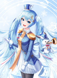 Rule 34 | 1girl, absurdres, band uniform, beamed eighth notes, black pantyhose, blue background, blue bow, blue eyes, blue hair, blue jacket, blush, bow, breasts, commentary, cowboy shot, eighth note, epaulettes, gloves, gold trim, hair ornament, hairclip, hand up, hat, hat feather, hatsune miku, highres, instrument, jacket, light blush, long hair, looking at viewer, musical note, open mouth, pantyhose, pleated skirt, quarter note, rabbit, red bow, ribbon, ryon y0421, skirt, small breasts, smile, snowflake background, snowflakes, staff (music), standing, tassel, thighhighs, trumpet, twintails, very long hair, vocaloid, white gloves, white skirt, wrist cuffs, yuki miku, yuki miku (2020), yukine (vocaloid)