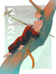 Rule 34 | 1boy, 2022, bamboo, barefoot, body markings, bow (weapon), brown hair, chinese zodiac, dated, earrings, facial mark, fingernails, full body, hair ornament, highres, holding, holding bow (weapon), holding weapon, in tree, jewelry, knee up, looking away, male focus, nanahyaku torako, navel, original, outside border, outstretched arm, pants, pointy ears, red pants, sharp fingernails, sharp toenails, short hair, sideways glance, sitting, solo, stud earrings, tail, tiger boy, tiger stripes, tiger tail, toenails, topless male, tree, weapon, wristband, year of the tiger