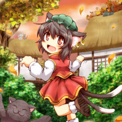 Rule 34 | 1girl, animal ears, brown eyes, brown hair, cat, cat ears, cat tail, chen, earrings, fang, hat, jewelry, looking at viewer, looking back, mob cap, multiple girls, open mouth, shirt, skirt, skirt set, smile, solo, sore (whirlwind), tail, touhou, town, tree, vest