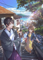 Rule 34 | 1girl, 3boys, balcony, black hair, blue jacket, blue sky, brown hair, brown jacket, building, city, cityscape, closed mouth, cloud, collarbone, collared shirt, commentary request, dappled sunlight, day, denim, dress, glasses, green footwear, grey eyes, hakama, hakama skirt, hand on railing, harbor, highres, house, jacket, japanese clothes, jeans, kimono, lens flare, long sleeves, looking at another, mountain, mountainous horizon, multiple boys, orange footwear, original, outdoors, pants, power lines, print dress, purple hakama, railing, red pants, rooftop, scenery, shirt, shoes, shoichi (ekakijin), sidelocks, skirt, sky, smile, sneakers, standing, stone wall, sunlight, tree, walking, wall, white shirt, wide sleeves, window, yellow dress